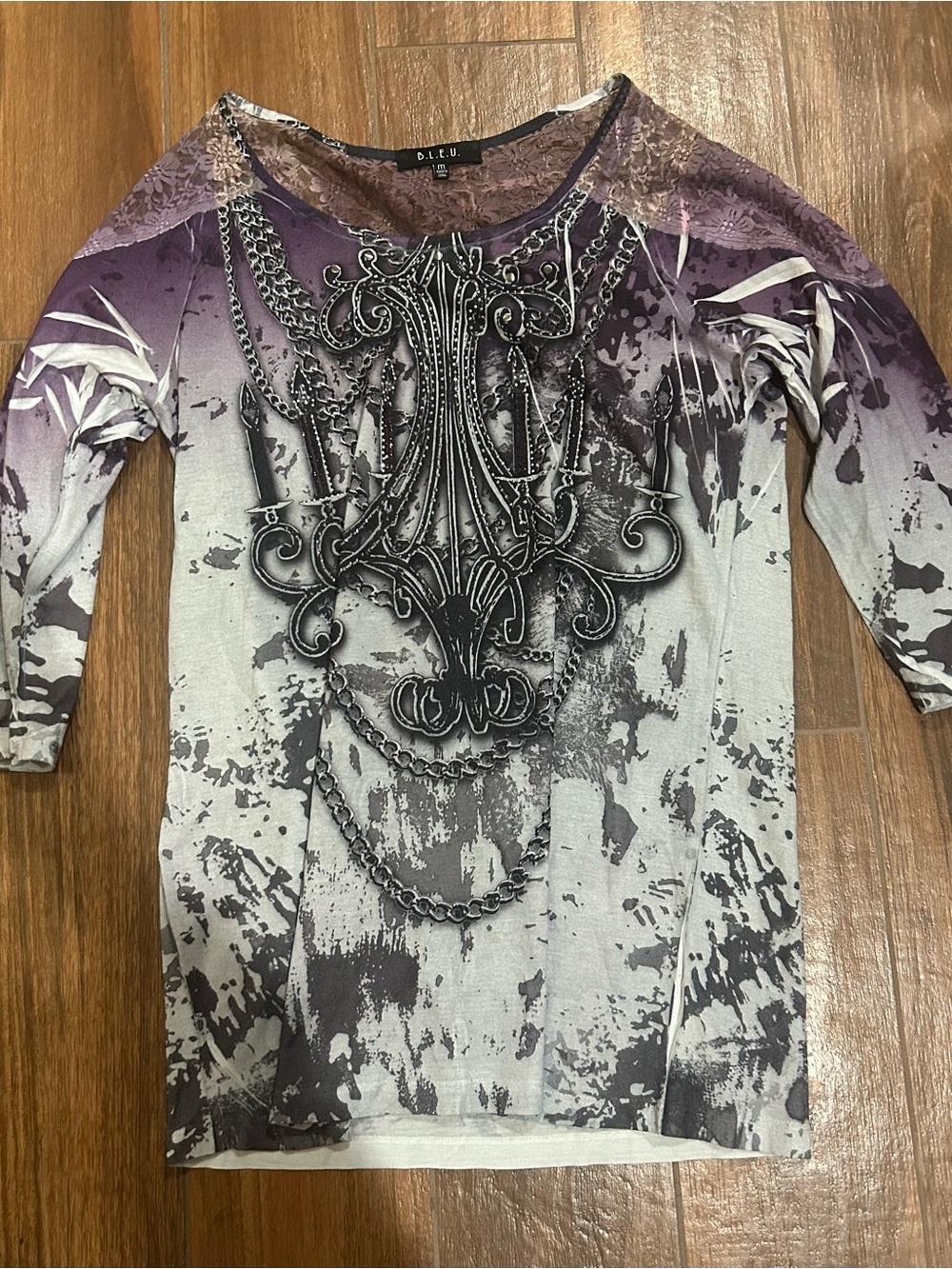 B.L.E.U. Purple & Gray Graphic Chain Print Top Size Medium